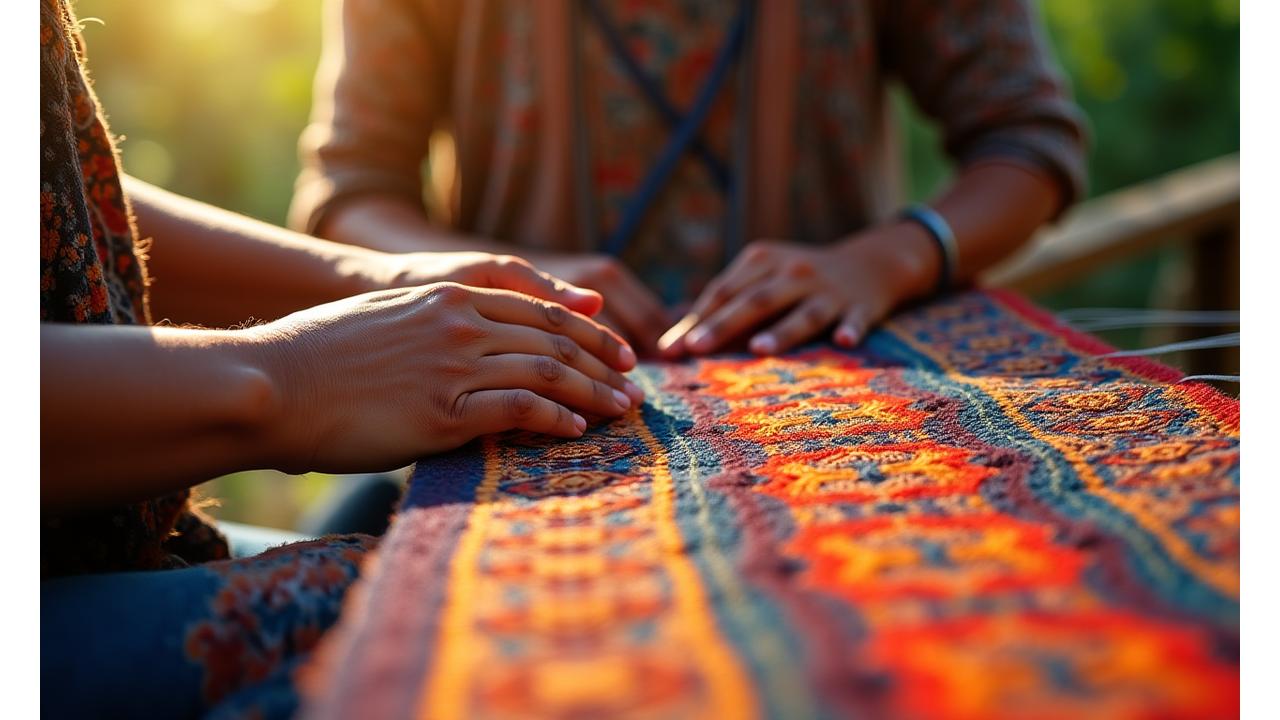 A close-up of hands expertly engaged in traditional Filipino backstrap weaving, showcasing vibrant indigenous patterns