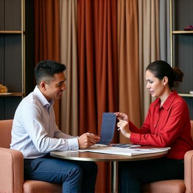 A warm and engaging Filipino client services representative assisting a client in a luxurious consultation suite, with fabric samples