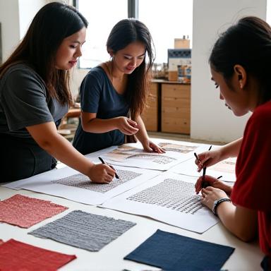 A diverse design team collaboratively sketching and discussing textile patterns, blending heritage with modern innovation