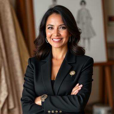 A confident Filipina founder and creative director, dressed stylishly, overlooking fabric swatches in an upscale atelier