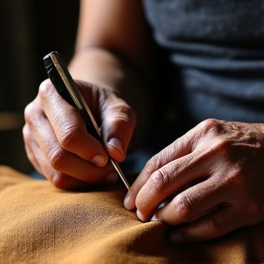 A meticulous Filipino master tailor, focused on intricate hand stitching of a bespoke garment, showcasing traditional techniques