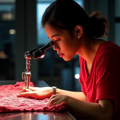 A focused quality assurance specialist inspecting a finished luxury garment for perfection, with a magnifying glass