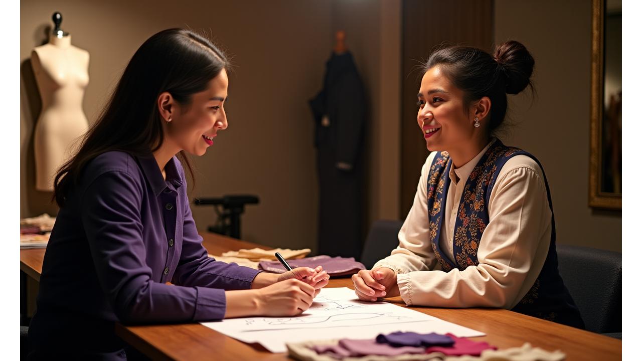 Isang mainit at matapat na pag-uusap sa pagitan ng isang designer at isang kliyente, gamit ang mga textile sample.
