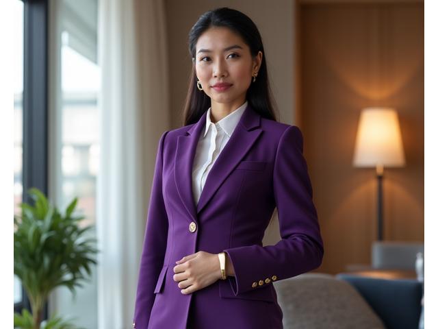 Isang propesyonal na nakasuot ng eleganteng suit na may adaptibong tampok, sa kapaligiran ng opisina.