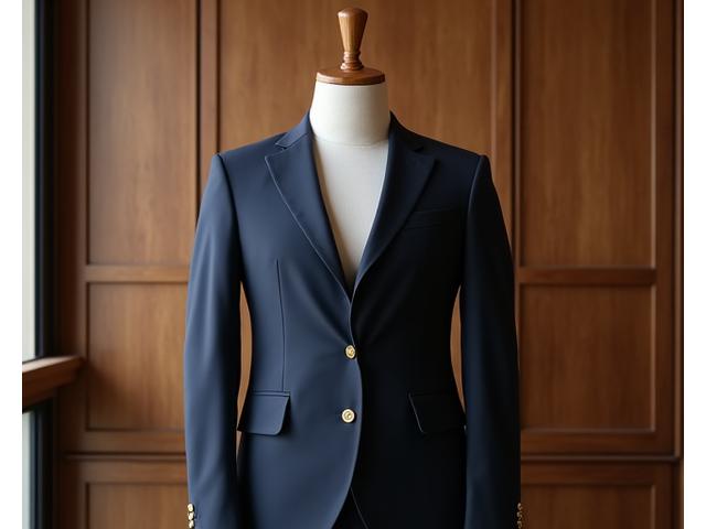 Isang perpektong akma na bespoke suit na ipinapakita sa isang manekin sa isang marangyang showroom, na nagpapakita ng craftsmanship at eleganteng disenyo.