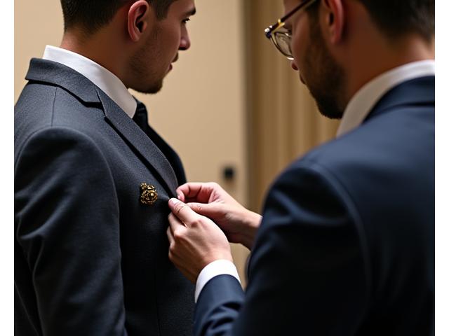 Isang kliyente na sumusubok ng isang partial bespoke suit na may tailor na maingat na nag-aayos ng lapel, na nagpapakita ng collaborative na proseso ng fitting.
