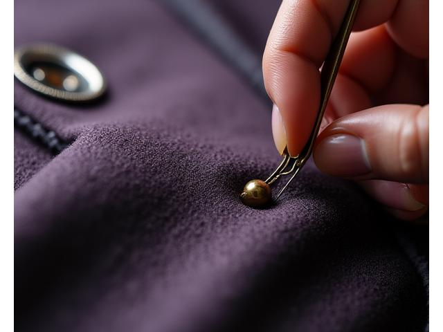 Close-up ng mga kamay ng artisan na nagtatapos ng hand-sewn buttonhole sa isang bespoke suit jacket, na nagpapakita ng katumpakan at mataas na kalidad ng craftsmanship.
