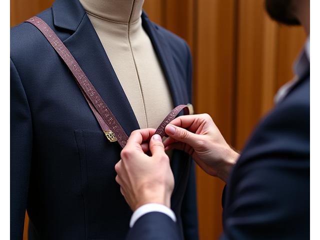 Isang tailor na maingat na kumukuha ng mga sukat ng dibdib ng isang kliyente sa isang fitting room, na nagpapakita ng detalyadong proseso.