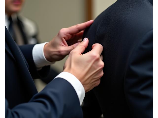 Malapitan na kuha ng isang tailor na maingat na nag-aayos ng tela sa balikat ng isang kliyente sa panahon ng proseso ng fitting, na nagpapakita ng dedikasyon sa detalye.