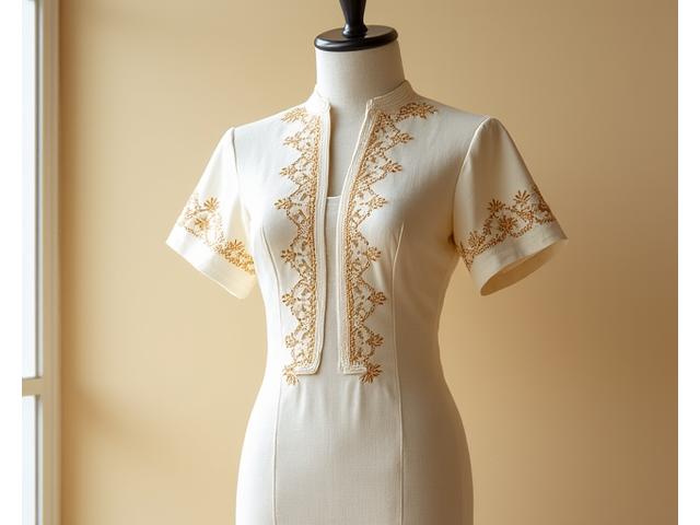 Isang eleganteng tradisyonal na Barong Tagalog na may detalyadong burda, ipinapakita nang buo sa isang manekin.