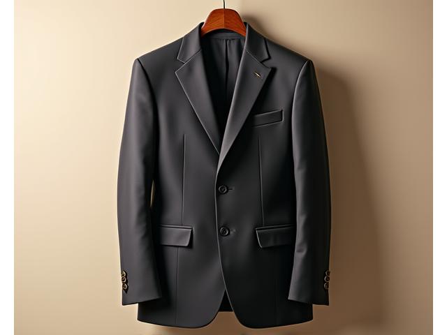 Isang elegante, perpektong akma na charcoal gray bespoke business suit na nakabitin nang maayos sa isang hanger, na nagpapakita ng detalye at de-kalidad na tela.