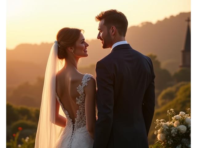 Isang mag-asawa na kinunan mula sa likod, ipinapakita ang perpektong akma ng bespoke na kasuotan ng lalaki sa araw ng kasal, sa isang romantikong tagpuan.