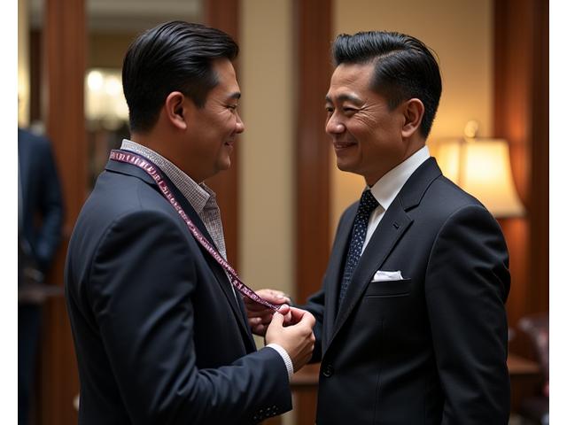 Isang master tailor na maingat na sumusukat sa isang kliyente para sa isang bespoke suit, na nagpapakita ng presisyon at artisanal na kasanayan.