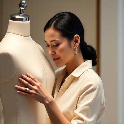 Si Aling Elena, isang eleganteng Pilipinang babae na may napakagandang ngiti, suot ang isang tradisyonal na Filipiniana, maingat na inaayos ang isang bespoke barong sa isang mannequin.