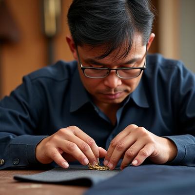 Si Kuya Ben, isang masipag na Pilipinong maginoo, na may suot na salamin, na nakatutok sa pagtahi ng kamay sa isang detalyadong cuff ng isang bespoke suit na may thread at karayom.