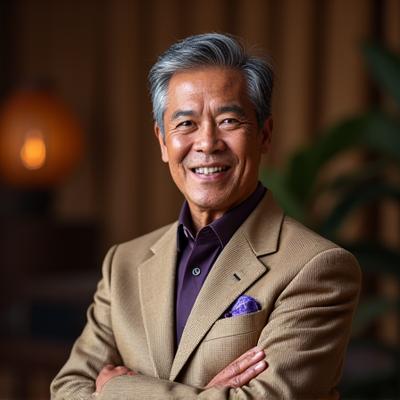 Si Mang Tonyo, isang maginoong Pilipinong master tailor na may kaunting kulay abong buhok, na nakangiti at may hawak na tape measure, na may eleganteng kasuotang Pilipino sa background.