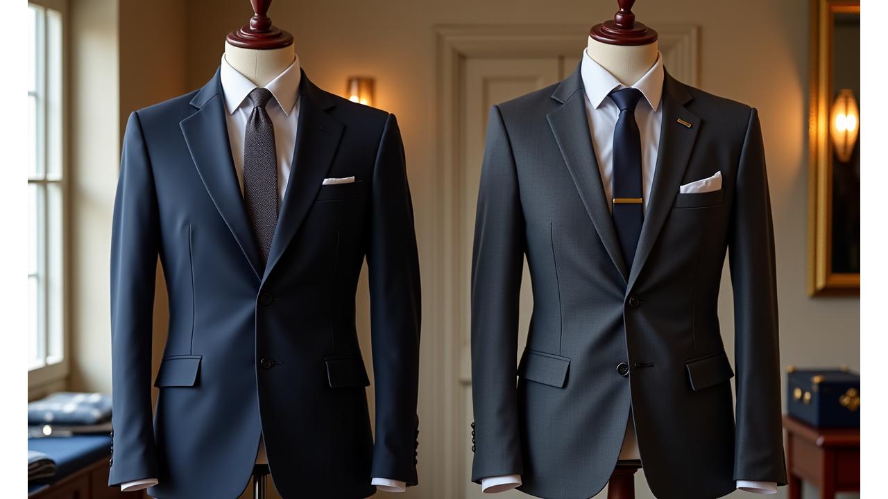 Isang biswal na paghahambing ng isang bespoke suit na may flawless drape at detalye laban sa isang ready-to-wear na suit, na nagpapakita ng pagkakaiba sa akma at kalidad.