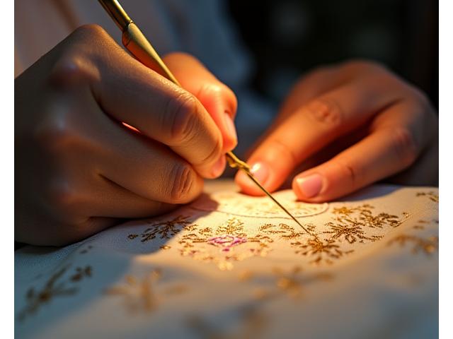 Close-up of skilled hands meticulously embroidering intricate patterns on a traditional garment.
