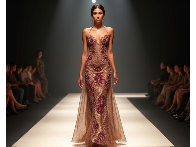 Modelo na nakasuot ng eleganteng gabiang damit na inspirasyon ang Filipino.