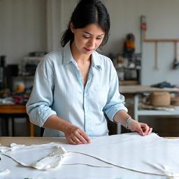 Portrait of Isabella Cruz, Pattern Specialist, meticulously examining a garment pattern.