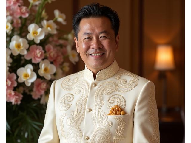 Antonio Reyes wearing a intricately designed barong tagalog at a wedding