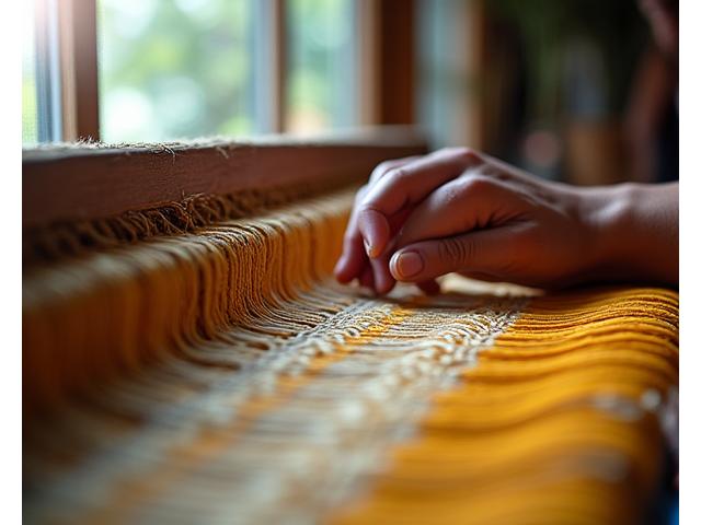 Close-up of a Filipino artisan's hands expertly weaving intricate patterns on a traditional loom, highlighting heritage and precision.