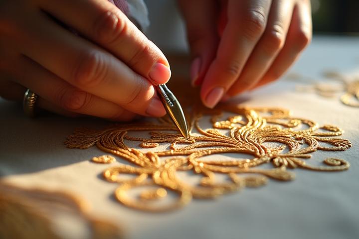 Detalyadong view ng kamay ng isang designer na gumagawa sa isang eleganteng modestong disenyo na may pinong tela at gintong accent.