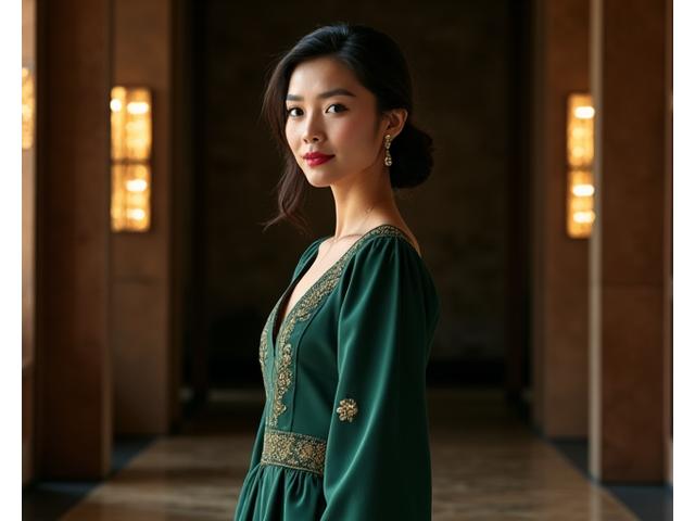 Modelo na nakasuot ng eleganteng modestong damit na may tradisyonal na motif ng Pilipino, na nagpapakita ng sopistikadong paggalang sa kultura.