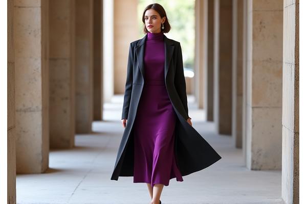 Isang koleksyon ng layering techniques para sa modestong fashion, nagpapakita ng isang modelo na nagpapares ng eleganteng blazer sa isang mahabang damit.