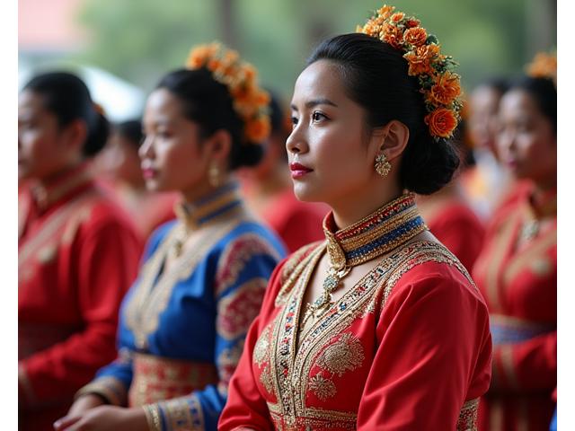 Traditional Filipino attire worn during a cultural ceremony, showcasing intricate embroidery and unique cultural elements in vibrant colors.
