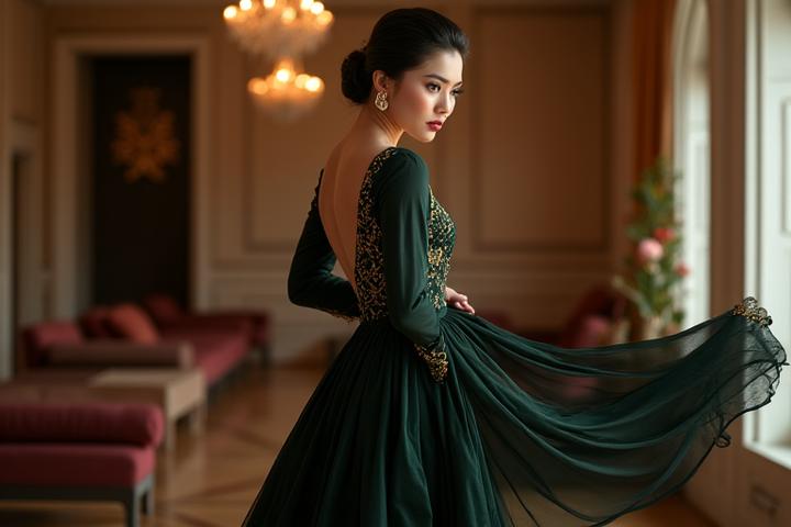An elegant Terno gown with its iconic butterfly sleeves, reimagined with a modern silhouette and luxurious fabric, worn by a Filipino woman in a sophisticated indoor setting.