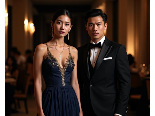 Sophisticated Filipino-inspired evening wear for a gala event, showcasing an elegant gown with traditional fabric accents and a modern suit, under soft lighting.
