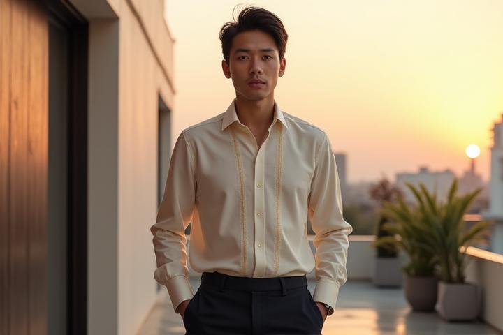 A modern Barong Tagalog with subtle embroidery and a contemporary cut, modeled by a stylish Filipino man in a chic setting.