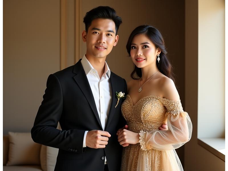 A professionally styled Filipino couple in formal attire, demonstrating elegant accessory coordination and traditional color palettes for an event.