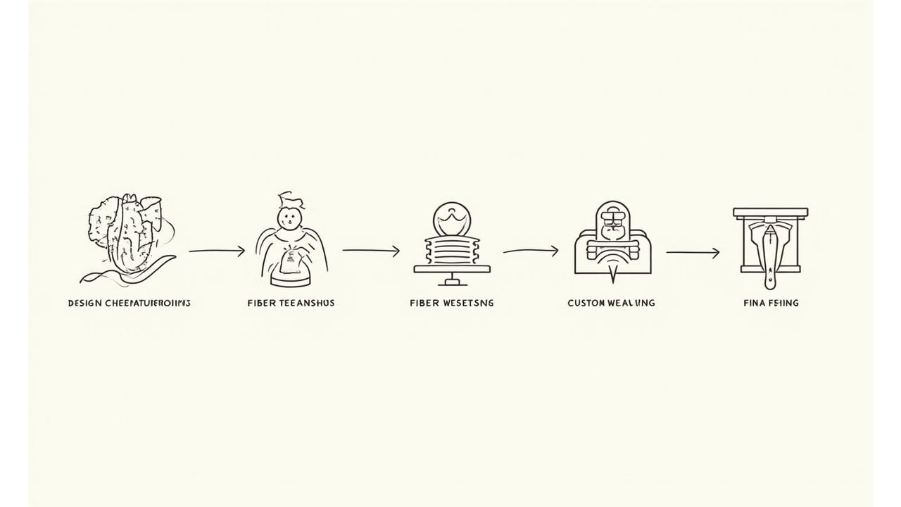 Illustration ng isang step-by-step na proseso ng pagbuo ng pasadyang tela, kasama ang 'design conceptualization,' 'fiber selection,' 'weaving,' at 'final finishing' na naka-highlight