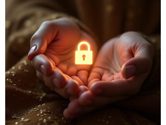 Hands carefully handling secure digital lock icon over a luxurious fabric background, symbolizing data protection in fashion manufacturing.