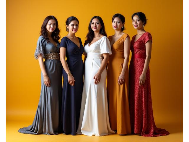 Limang modelo mula sa iba't ibang laki at etnikong pinagmulan, bawat isa ay nakasuot ng natatanging Filipiniana couture para sa iba't ibang okasyon, nakatayo nang may kumpiyansa