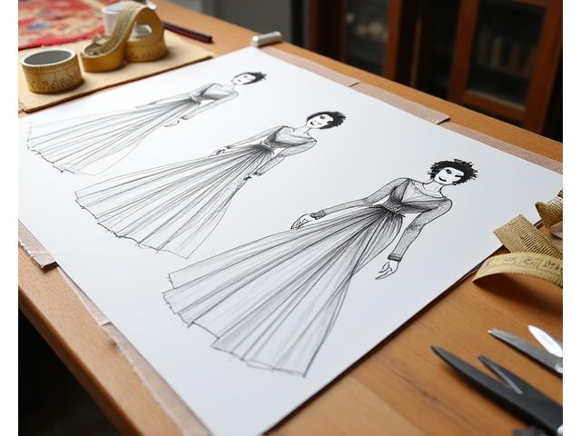 Isang koleksyon ng mga designer sketches na nagpapakita ng iba't ibang disenyo para sa petite, plus, at tall sizes