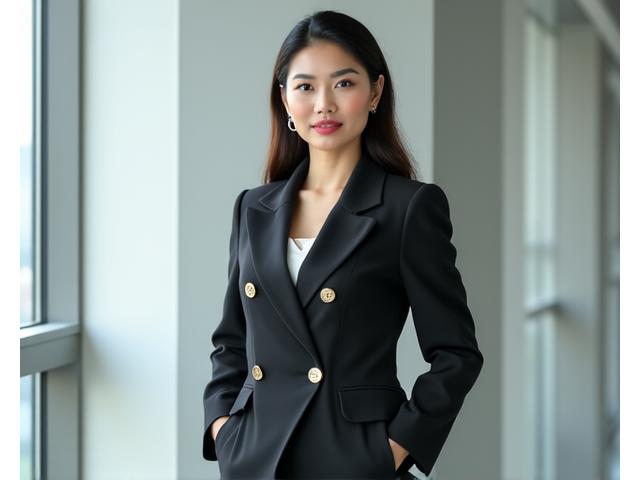 Isang modelong Pilipino na nakasuot ng makinis, sustainable na business attire sa isang modernong setting.