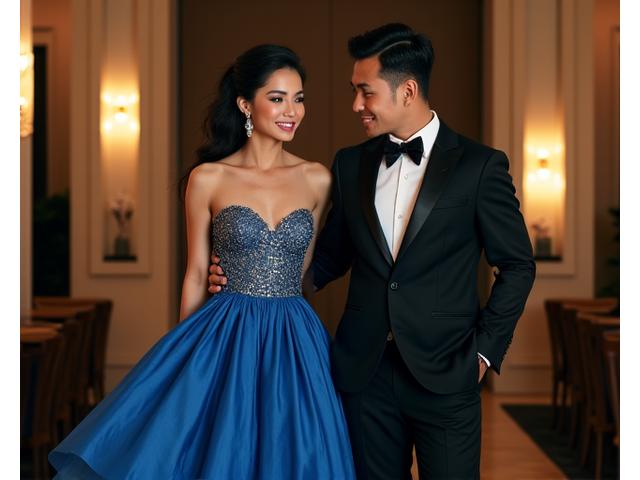 Eleganteng Filipino couple na nakasuot ng formal wear na gawa sa eco-friendly na materyales sa isang grand event.