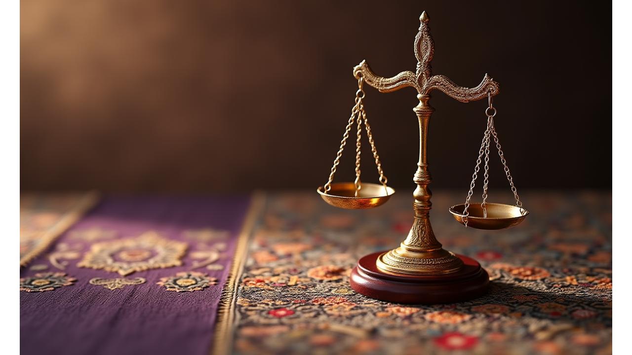 Golden scales of justice on a rich Filipino textile background, symbolizing fairness and the legal framework for Sulyap Textiles' services.