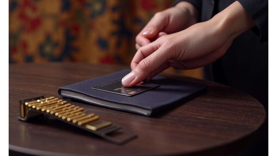 An elegant hand presenting a credit card near a stylized golden abacus, representing luxury financial transactions and meticulous accounting.