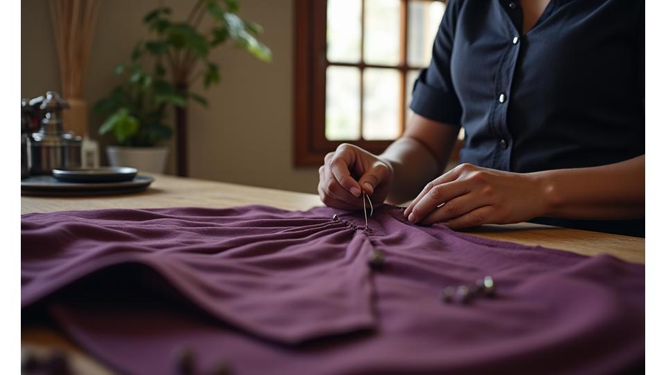 A skilled Filipino tailor meticulously working on a luxury garment with traditional tools, showcasing craftsmanship and attention to detail.