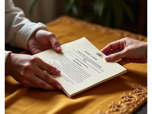 Close-up on hands exchanging documents over a finely woven Filipino textile, signifying agreement and contract.